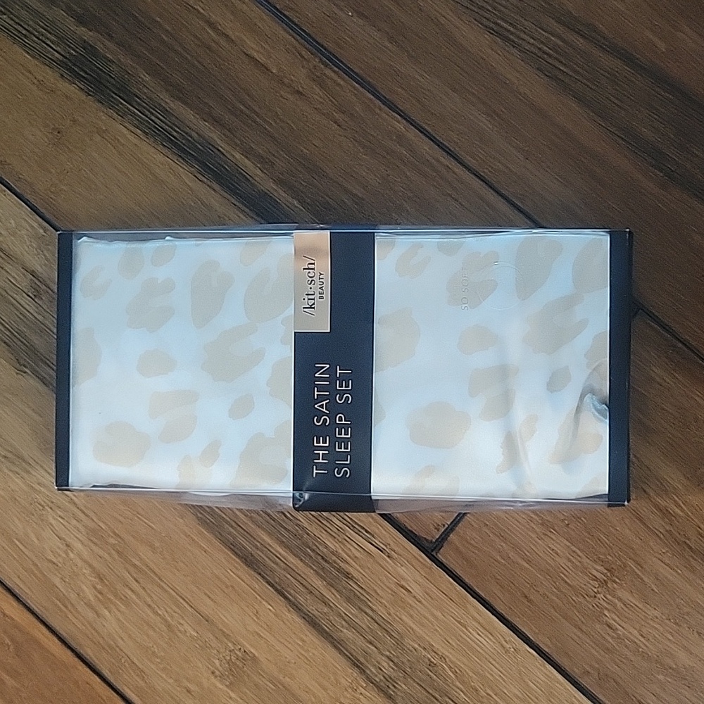 kitsch beauty 3 piece satin sleep set in beige leopard print